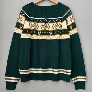 Vintage JCPenney Size XL Green Yellow Sweater Diamond Fair Isle Nordic 70s Retro